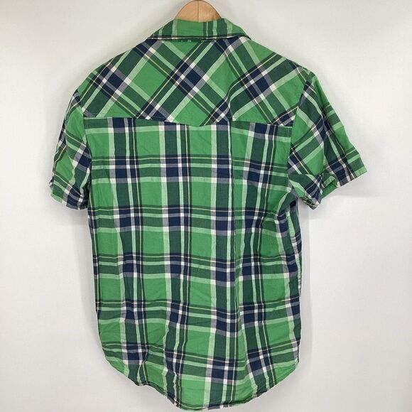 Men's Roebuck & Co. Short Sleeved Pearl Snap 100% Cotton plaid Shirt Green Sears - Picture 2 of 7